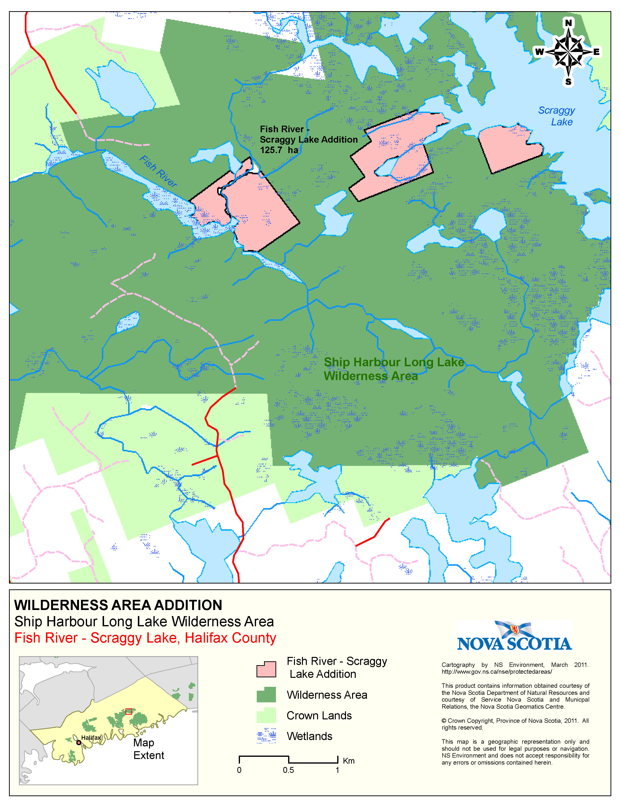 Graphic showing map of Boundaries of Crown Land at  Fish River-Scraggy Lake,
Halifax County Addition to Ship Harbour Long Lake Wilderness Area